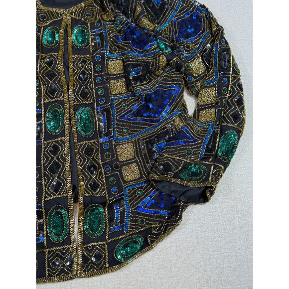 Scala Women 2X Black Gold Sequin Silk Beaded Long Sleeve Hook Eye Evening Jacket - Picture 9 of 12